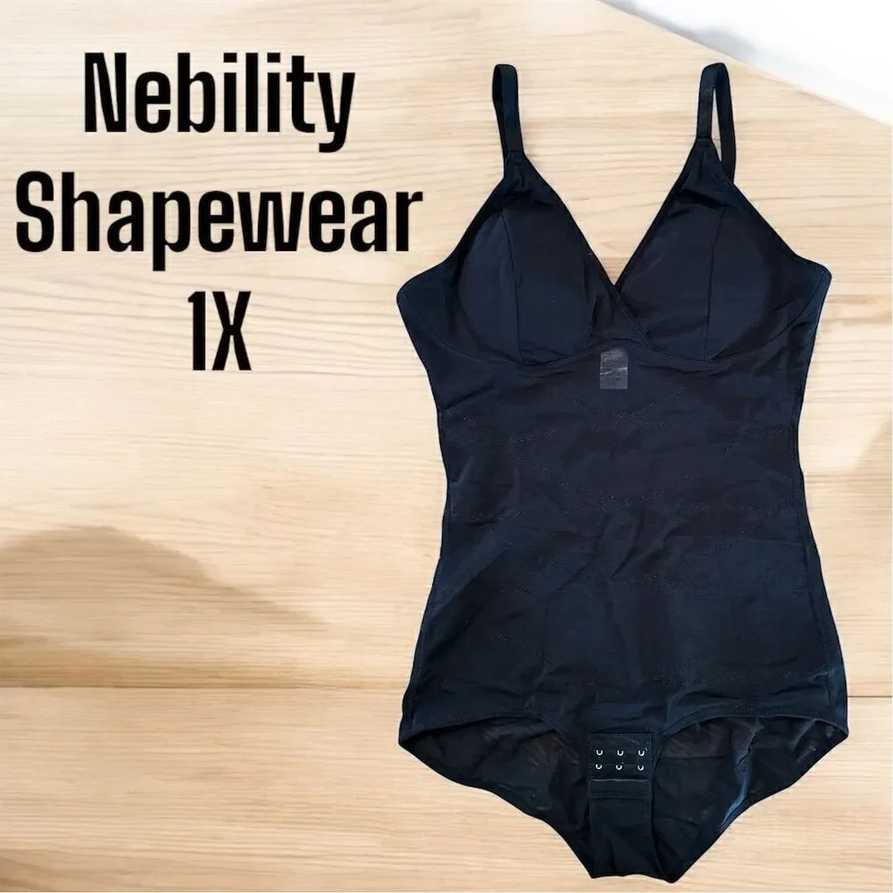 Nebility Figure Enhancing Plus Size 1X Black Shapewear Bodysuit Tummy Waist